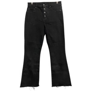 Pistola Cropped Flare Jeans Women 29 Black Coated Sheen‎ Button Fly Raw Hem Edgy